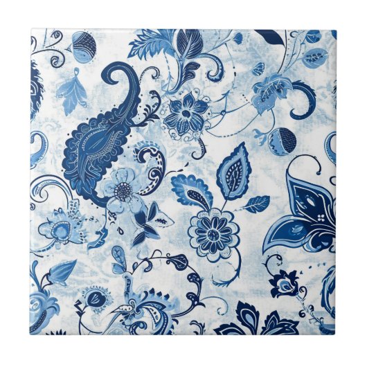 Country Farmhouse Blue and White Paisley Fliese (Vorderseite)