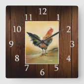 Country Farmhouse Rooster Rustikales Dunkles Holz Quadratische Wanduhr (Vorderseite)