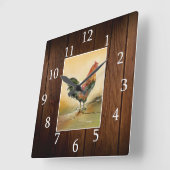 Country Farmhouse Rooster Rustikales Dunkles Holz Quadratische Wanduhr (Winkel)