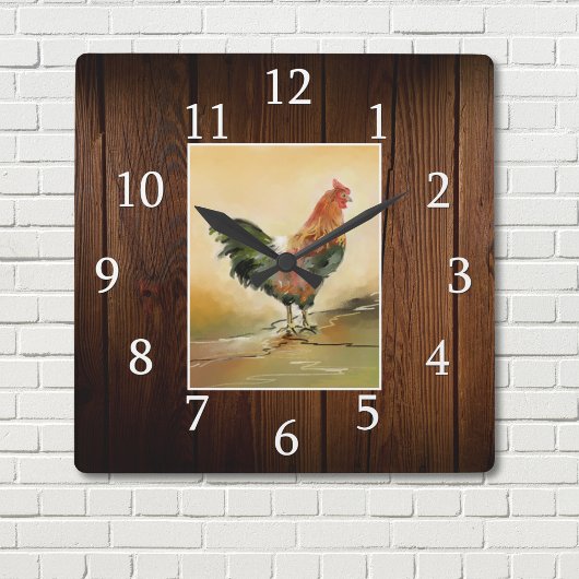 Country Farmhouse Rooster Rustikales Dunkles Holz Quadratische Wanduhr