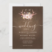 Country Floral and Antler Leather Wedding Einladung (Vorderseite)