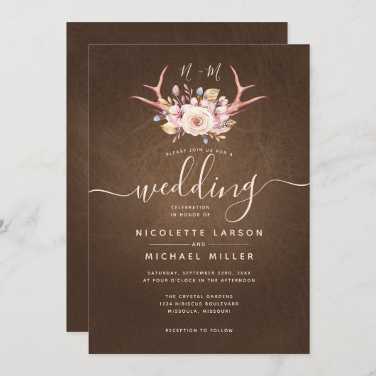Country Floral and Antler Leather Wedding Einladung (Vorne/Hinten)