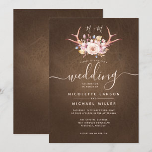 Country Floral and Antler Leather Wedding Einladung