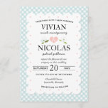 Country Floral Gingham Pink Blue Wedding Einladung<br><div class="desc">Vintages inspiriertes Hochzeitseinladungs-Set mit Baby-Blue und White Gingham-Muster als Hintergrund. Weiße, moderne Typografie, handgeschriebene Schriftart. Illustriert mit rosa Herzen und weißen Blume. Ideal für Hochzeiten im Frühling oder Sommer auf dem Land. Hintergrund mit rosa und weiß großen Streifen. ***BITTE BEACHTEN SIE, dass, wenn Sie den Schriftart oder die Größe des...</div>