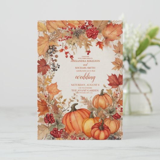 Country Floral Pumpkin Scrip Hochzeit Einladung (Stehend Vorderseite)