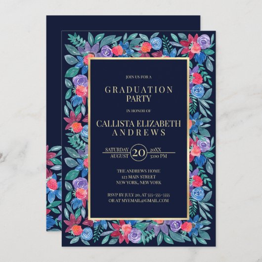 Country Floral Strawberries Wasserfarbe Abschluss Einladung (Vorne/Hinten)