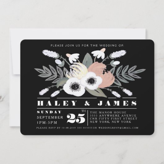Country Florals Wedding Black & White Einladungen (Vorderseite)