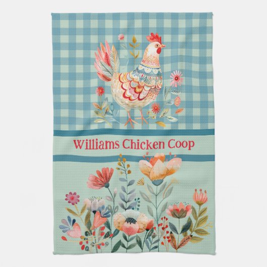 Country Folk Art Chickens on Blue Gingham Karo Geschirrtuch (Vertikal)