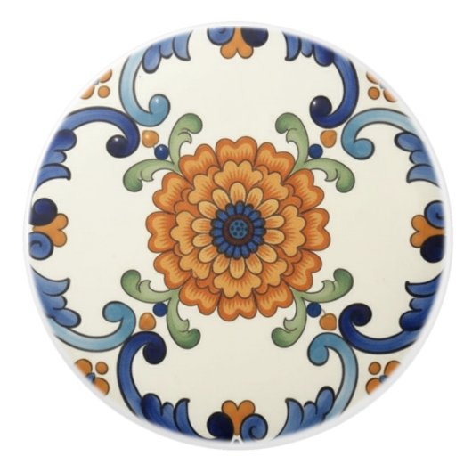 Country Folk Flower Mediterranean Blue Orange Keramikknauf (Vorderseite)