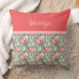 Country Garden Floral Coral Red Monogram Name Kissen