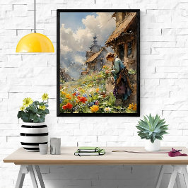 Country Garden mit Girl in Blue Dress und Blume | Poster