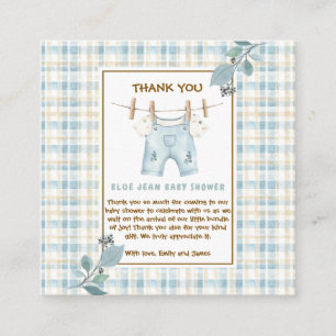 Country Gingham Blue Jean Baby Dusche Danke Begleitkarte