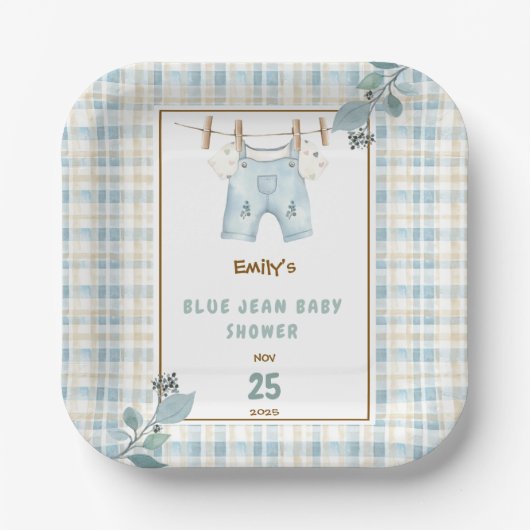 Country Gingham Blue Jean Baby Dusche Willkommen Pappteller (Vorderseite)
