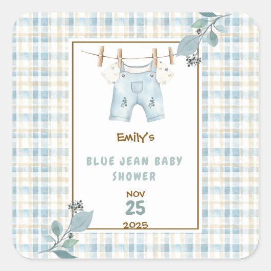 Country Gingham Blue Jean Baby Dusche Willkommen Quadratischer Aufkleber (Vorderseite)