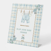 Country Gingham Blue Jean Baby Dusche Willkommen Sockelschild (Vorderseite)