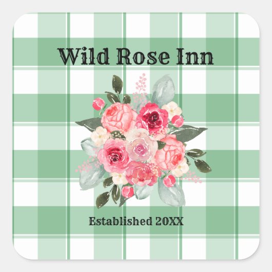 Country Gingham Wild Rose B & B Custom Farmhouse Quadratischer Aufkleber (Vorderseite)