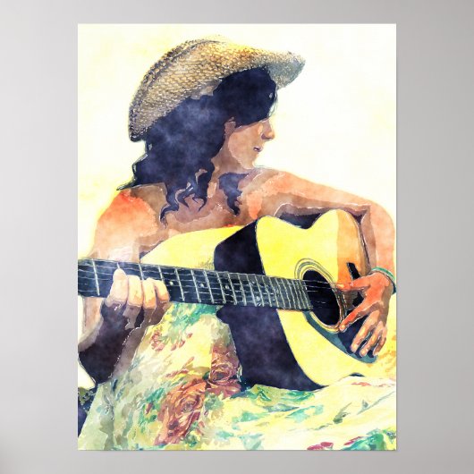 Country Girl mit Coustic Guitar Wasserfarbe Poster (Vorne)