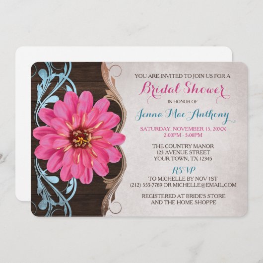 Country Girl Pink Zinnia Bridal Dusche Einladung (Vorne/Hinten)