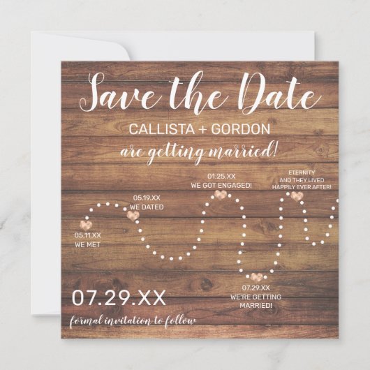 Country Gold Rustic Wood Timeline Hochzeit Save The Date (Vorderseite)
