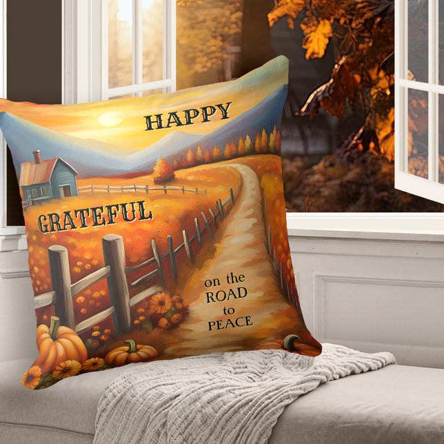 Country Gratefall Erntedank Kissen (Colorful Thanksgiving pillow featuring an autumn country landscape with farm and pumpkins at sunset)