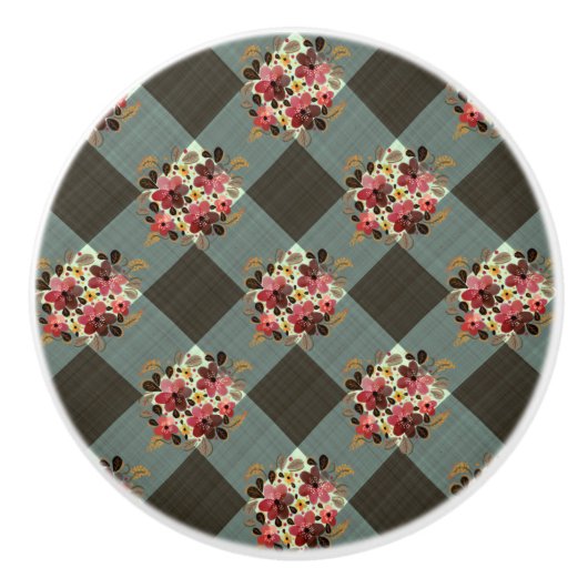 Country Gray Gingham mit Burgund-Blume Keramikknauf (Vorderseite)