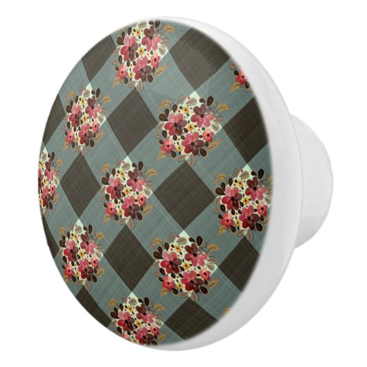 Country Gray Gingham mit Burgund-Blume Keramikknauf (Rechts)