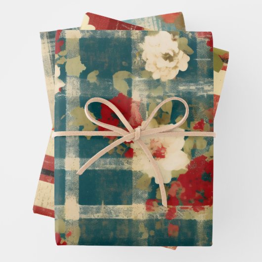 Country Grunge bedrückte Karierte Blumendekoupage Geschenkpapier Set (Beispiel)