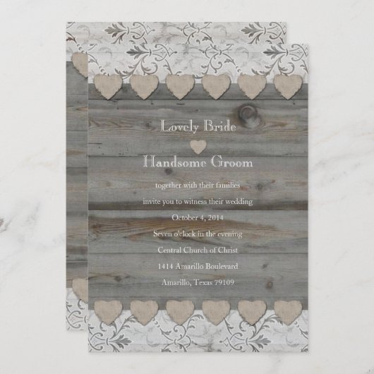 Country Hearts Lace Wood Hochzeit Einladung (Vorne/Hinten)