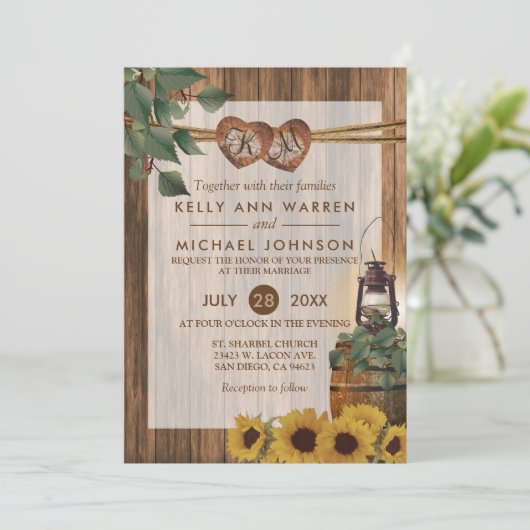 Country Hochzeit mit Sonnenblumen Einladung (Stehend Vorderseite)