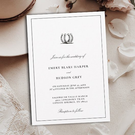 Country Horseshoe Frame Western Elegant BW Wedding Einladung