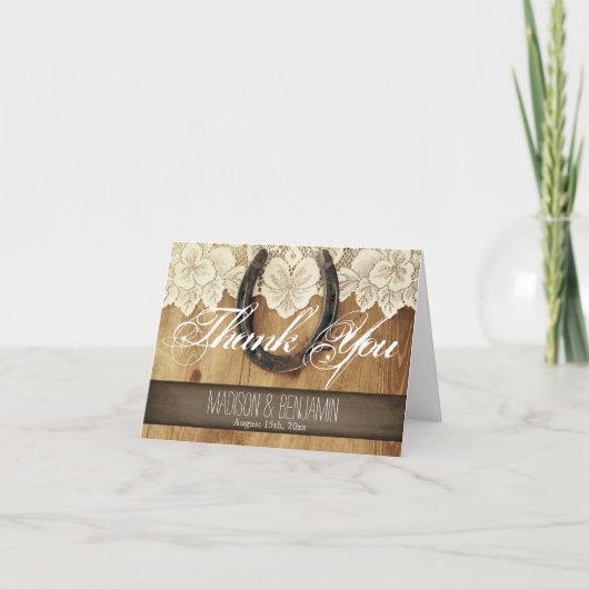 Country Horseshoe Lace Wedding Dankeschön Karte (Vorderseite)