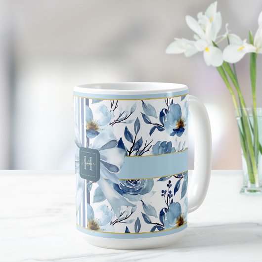 Country Hütte Monogram Blue White Floral Bow Kaffeetasse