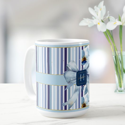 Country Hütte Monogram Blue White Floral Bow Kaffeetasse