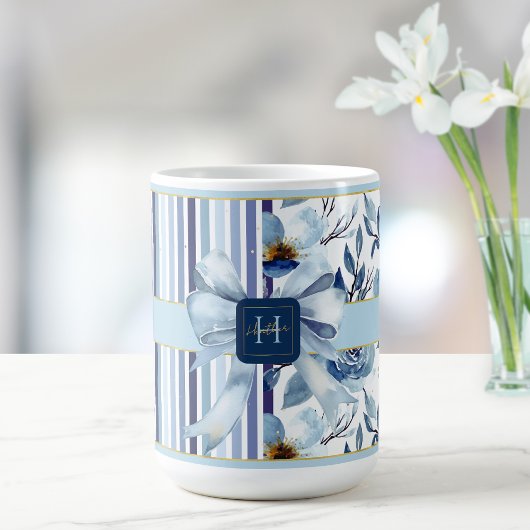 Country Hütte Monogram Blue White Floral Bow Kaffeetasse