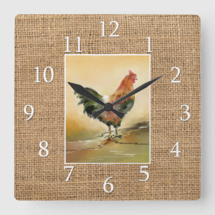 Country Kitchen Rooster Rustic Burlap Bauernhof Quadratische Wanduhr
