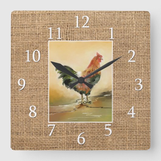 Country Kitchen Rooster Rustic Burlap Farmhouse Quadratische Wanduhr (Vorderseite)