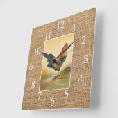 Country Kitchen Rooster Rustic Burlap Farmhouse Quadratische Wanduhr (Winkel)