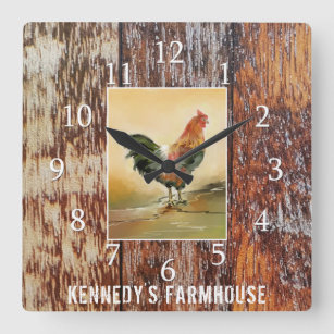 Country Kitchen Rooster Rustic Wood Farmhouse Name Quadratische Wanduhr