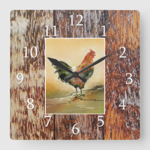 Country Kitchen Rooster Rustic Wood Farmhouse Quadratische Wanduhr