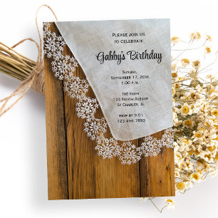 Country Lace and Barn Wood Birthday Party Einladung