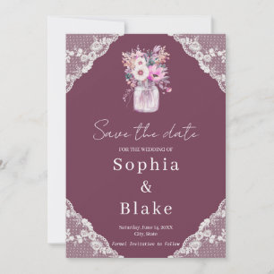 Country Lace Mason Jar Burgundy Save the Date Einladung