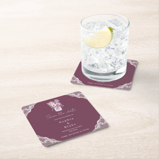 Country Lace Mason Jar Burgundy Save the Date Rechteckiger Pappuntersetzer (Vor Ort)