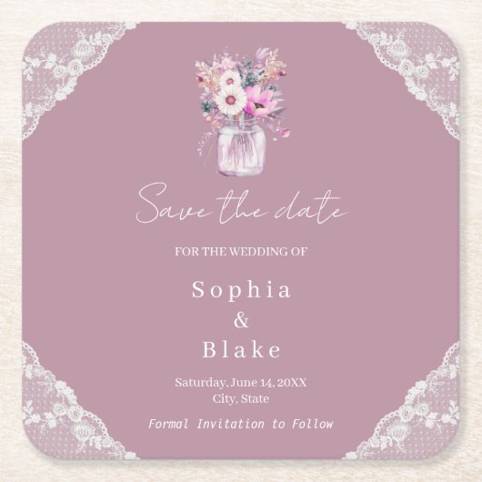 Country Lace Mason Jar Pink Save the Date Rechteckiger Pappuntersetzer (Vorderseite)