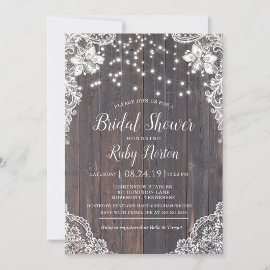 Country Lace & String Lights Chic Brautparty Einladung (Vorderseite)