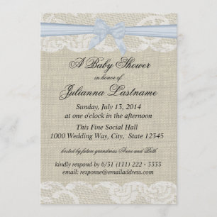 Country Lace und Burlap mit Baby Blue Bow Dusche Einladung