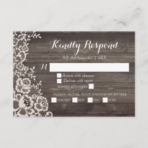 Country Lace Wood Wedding RSVP Response Card Karte