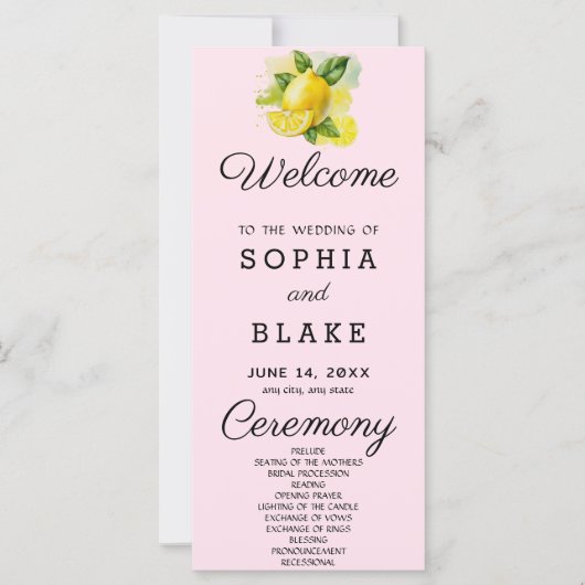 Country Lemon Greenerity Soft Pink Wedding Program (Vorderseite)