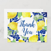 Country Lemons & Blue Floral Danke, Script Postkarte (Vorne/Hinten)