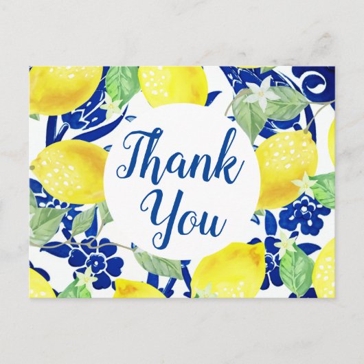 Country Lemons & Blue Floral Danke, Script Postkarte (Vorderseite)
