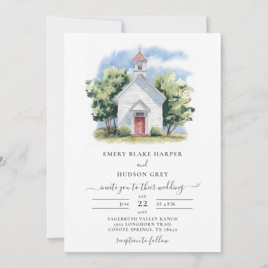 Country Lil White Chapel Wasserfarbe Rustikale Hoc Einladung (Vorderseite)